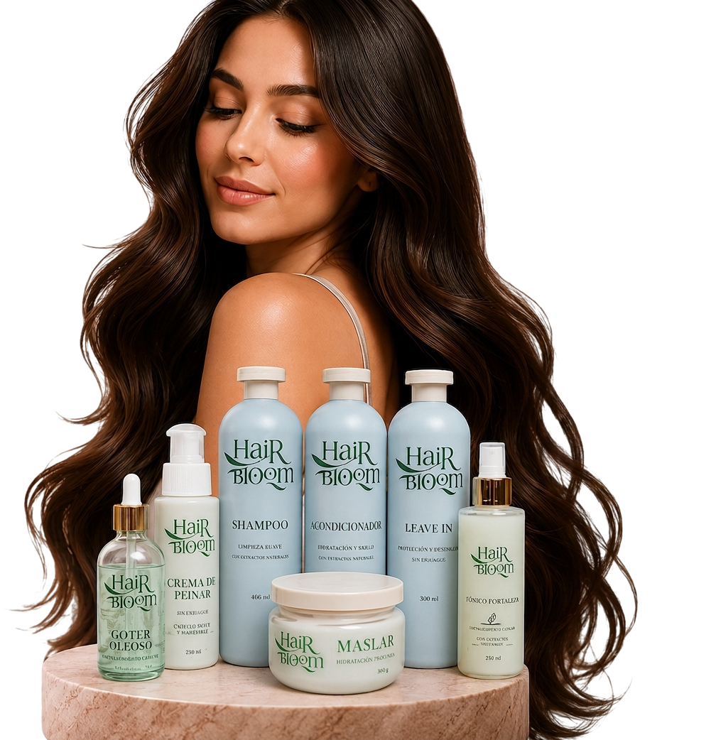 Modelo con el cabello sano y brillante junto a la colección completa de productos Hairbloom: shampoo, acondicionador, leave-in, gotero, tónico y mascarilla
